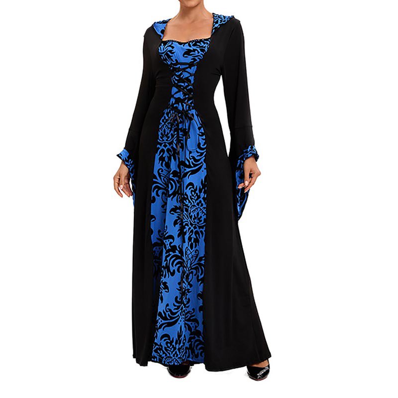 Women’s Renaissance Medieval Dress with Long Skirt & Stand Collar - Blue, XXL