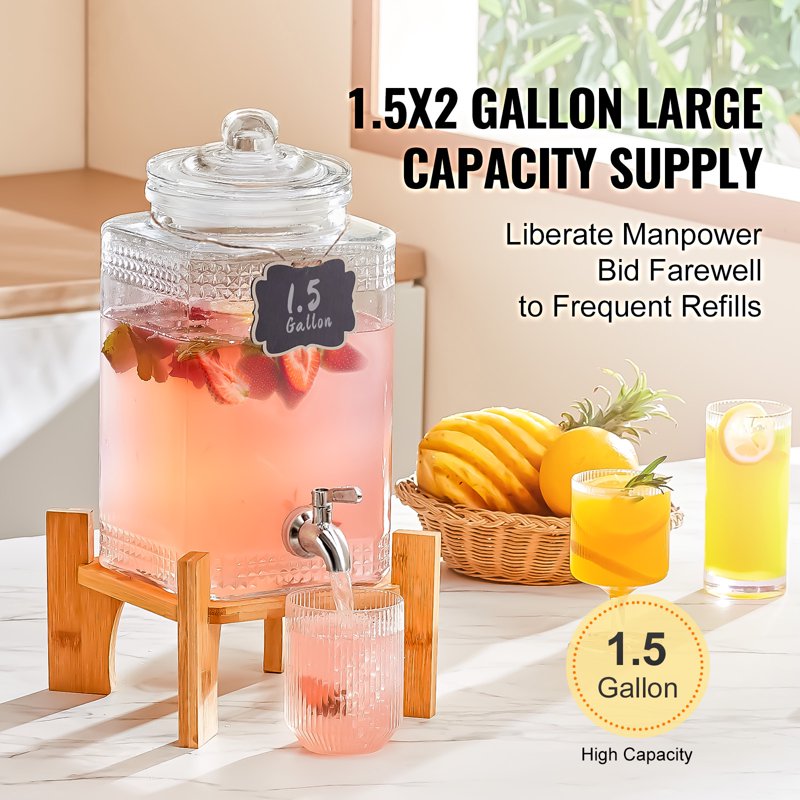 1.5 Gallon Glass Beverage Dispenser with Stainless Steel Tap