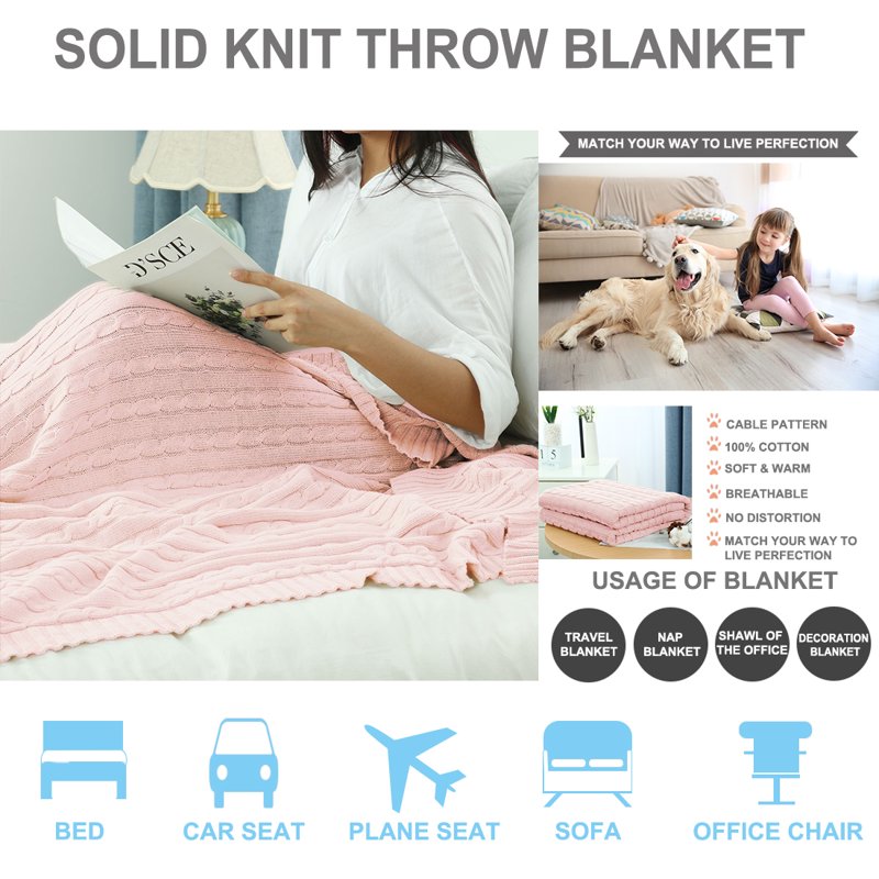 100% Cotton Cable Knit Throw Blanket - Millennial Pink 51x59 inches