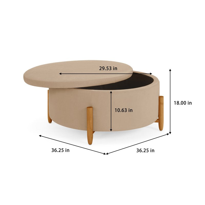 Round Storage Ottoman in Beige Velvet with Hidden Storage