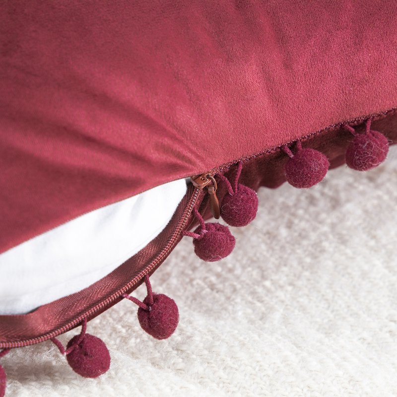 12x20 Velvet Throw Pillow Set - Dark Red Decorative Cushion with Pom Poms - 2 Pack