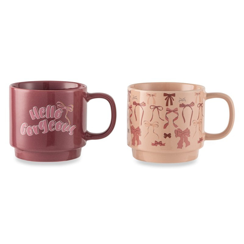 Stacking Mugs Set - Hello Gorgeous & Pink Bows - 14.2 fl oz
