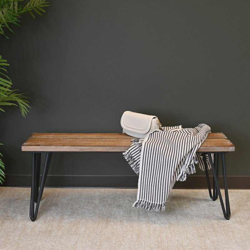 Industrial Wood Dining Bench with Rustic Dark Pine Finish