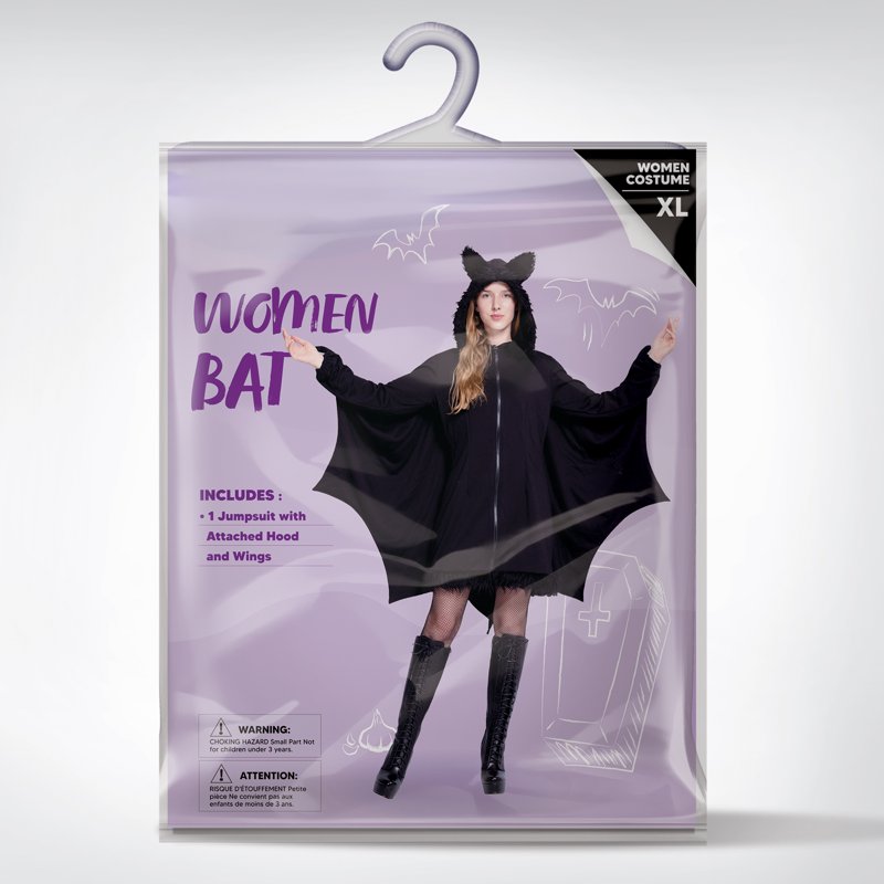 Women’s Bat Costume with Ears & Wings - Halloween Cosplay Dress, Size L