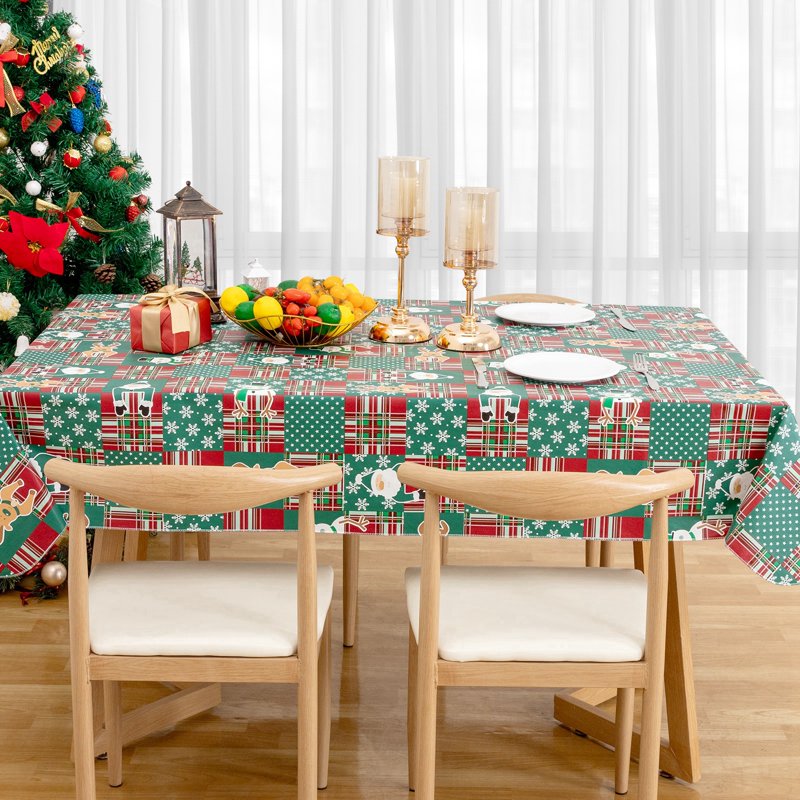 Waterproof Elk Green Christmas Tablecloth 60x120 Inch Vinyl