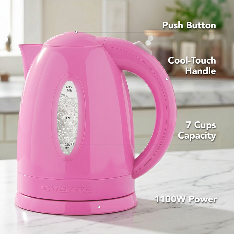 Electric Kettle 1.7L - 1100W Fast Boiling Water, Pink