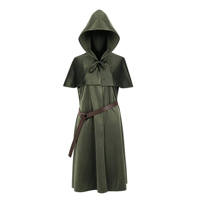 Medieval Monk Robe Hooded Cloak Costume Set with Belt - Army Green XXL - Halloween Cosplay