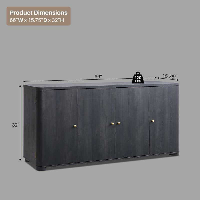 66" Curved Kitchen Sideboard Cabinet - Modern Buffet - Grey