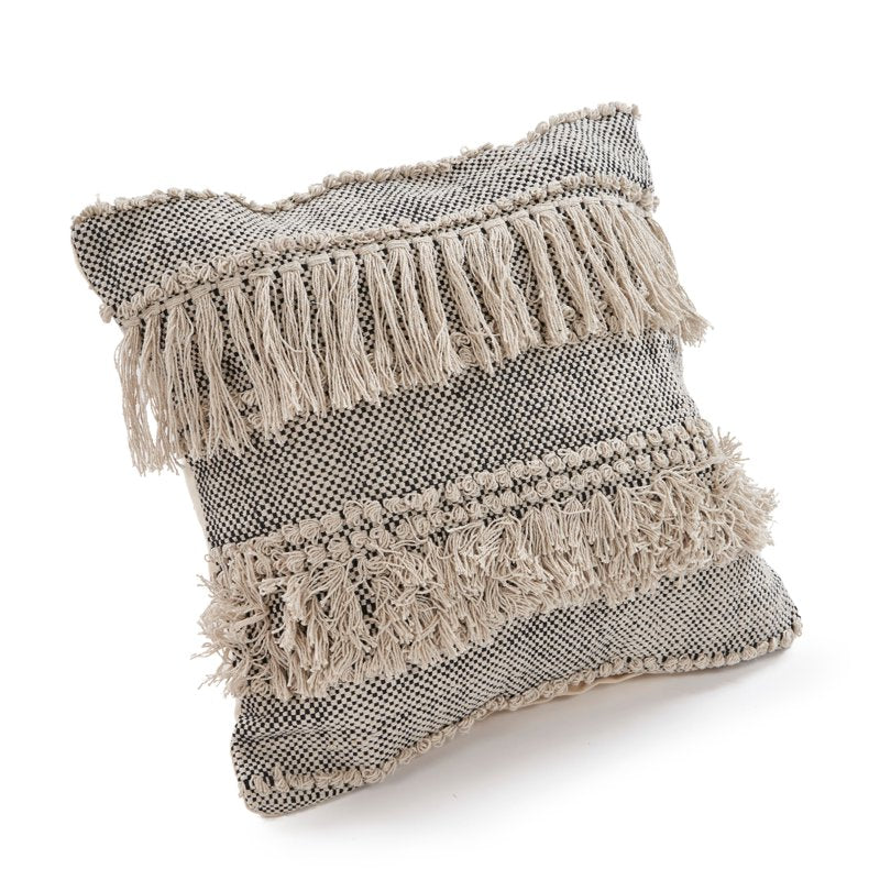 20x20 Natural Black Striped Cotton Fringed Throw Pillow - Decorative Accent