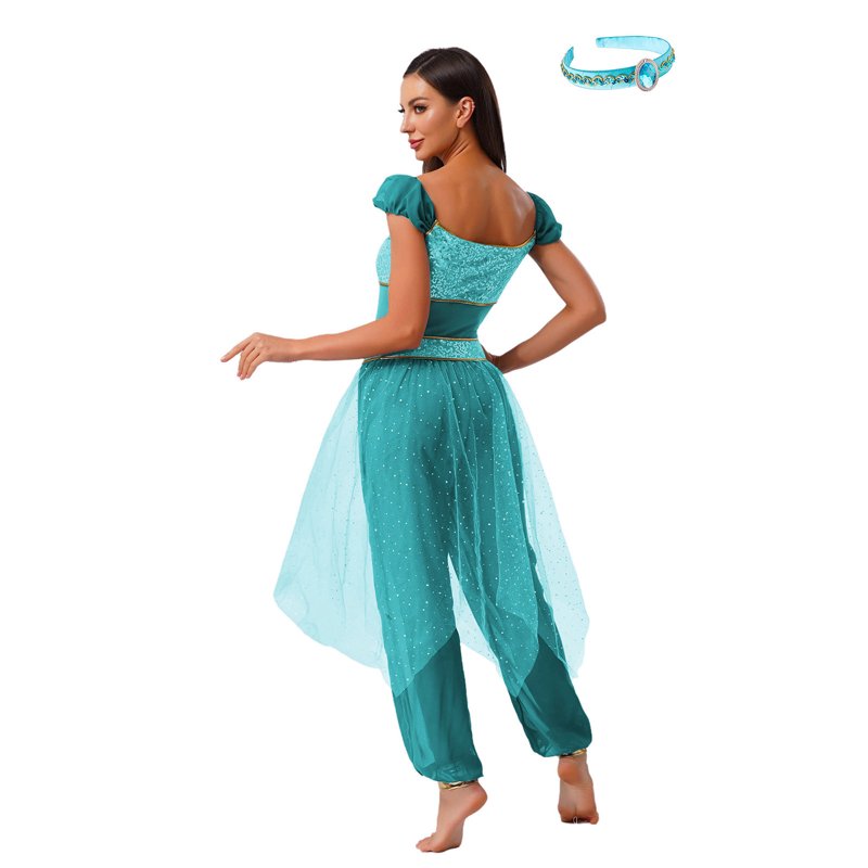Women’s Princess Cosplay Jumpsuit Belly Dance Romper with Headwear - Turquoise S