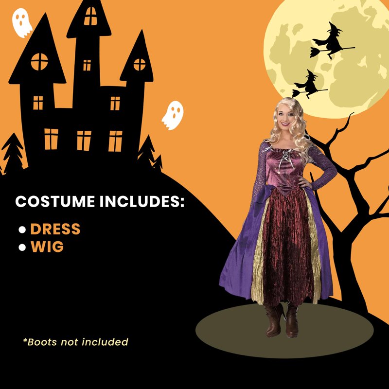 Adult Salem Silly Witch Costume - Medium Yellow Hocus Pocus Inspired Dress & Wig