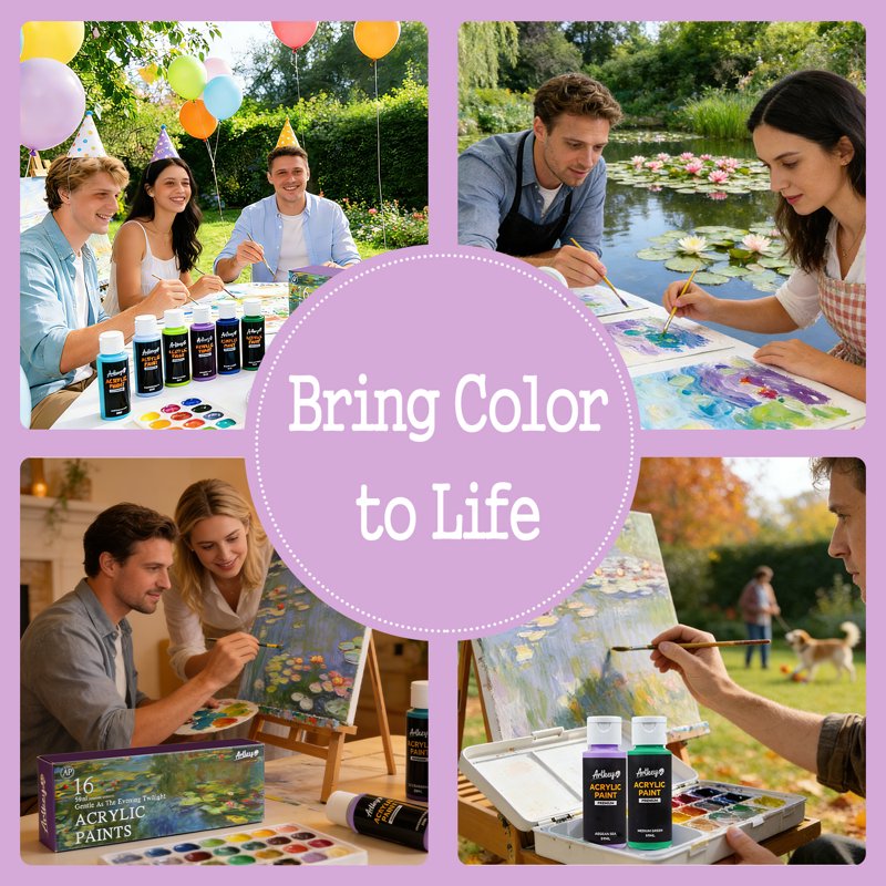 Artkey Acrylic Paint Set - 16 Colors, Water-Based Artist Kit for Professionals & Beginners