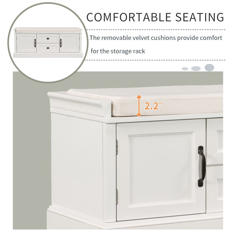 42.5" Solid Wood Storage Bench with Cushioned Top and Drawers