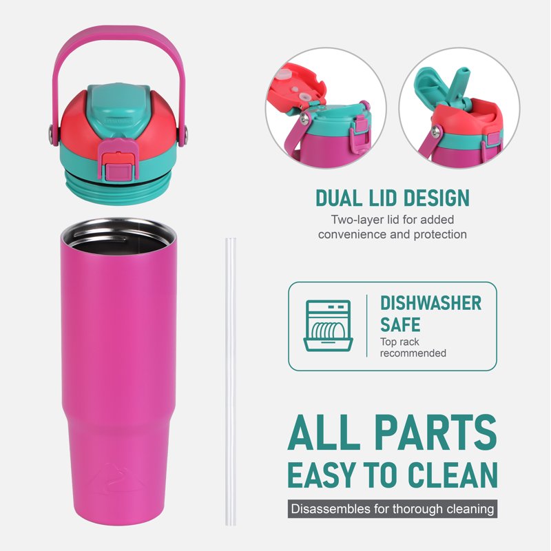 30 oz Stainless Steel Tumbler with Dual Lid - Pink