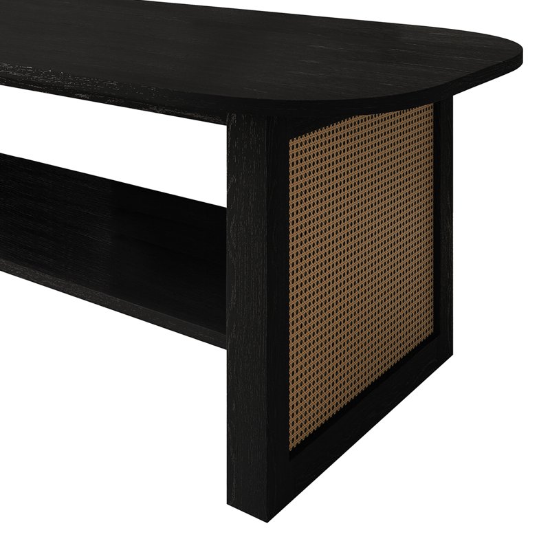 Black Rattan Coffee Table with Storage - Curved Design