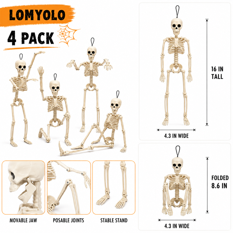 Halloween Skeleton Decorations 4 Pack, 16 Inch Posable Hanging Skeletons for Haunted House & Yard Decor