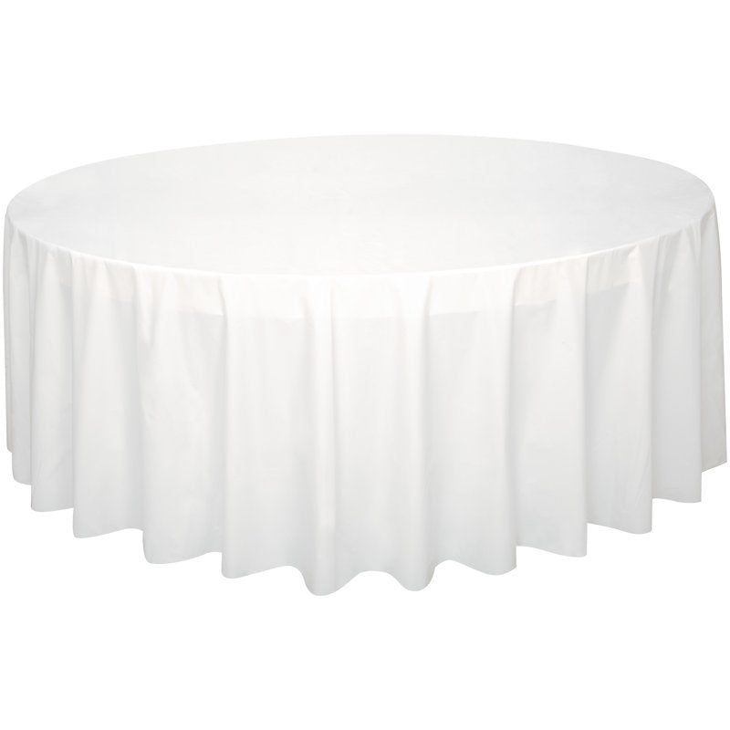 84-Inch White Round Plastic Table Cover - Single