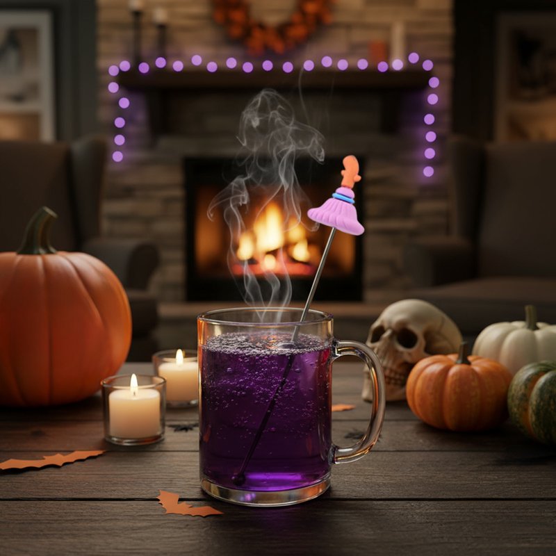 Halloween Pink Stainless Steel Cocktail Mixing Spoon with Ghost & Witch Hat Designs