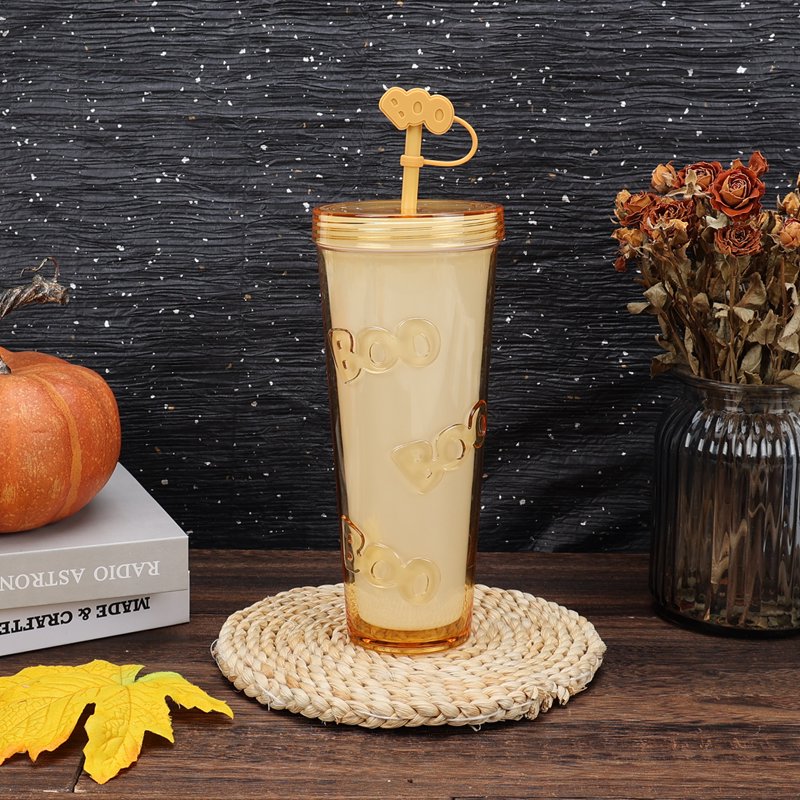 Glow in the Dark Boo Tumbler - 26 Oz Double Wall Acrylic Halloween Drinkware with Silicone Straw - Variation BOO