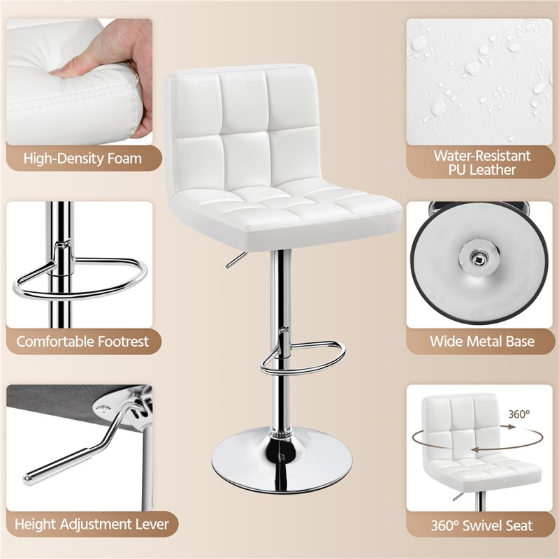 Height Adjustable PU Leather Bar Stool with Backrest - White