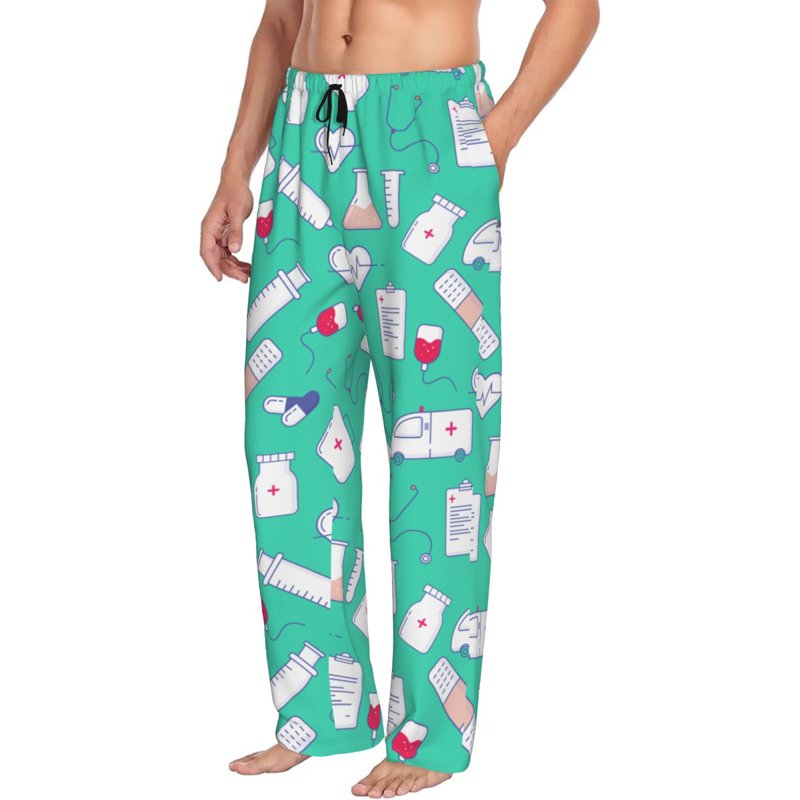 Men's Pajama Pants with Pockets - Ambulance Band Aid Pattern, Size M, Color 8