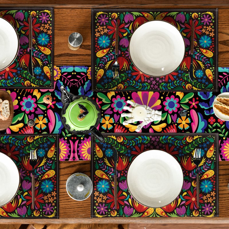 Mexican Dia De Los Muertos Table Place Mats - Multicolor 12x18 Inches, Set of 4 - Party Kitchen Dining Decoration Variation 1