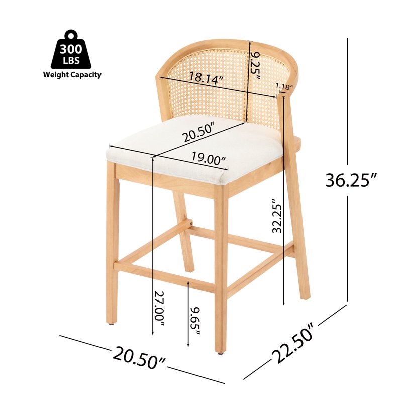 Counter Height Bar Stools - Wood Frame & Rattan Backrest, Natural Finish, Set of 4