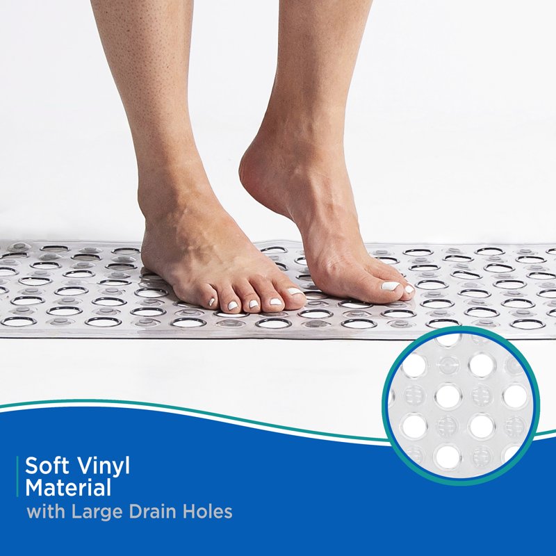 Vinyl Bath Mat with Suction Cups & Large Drain Holes - 27 x 14.5 inches, Grey