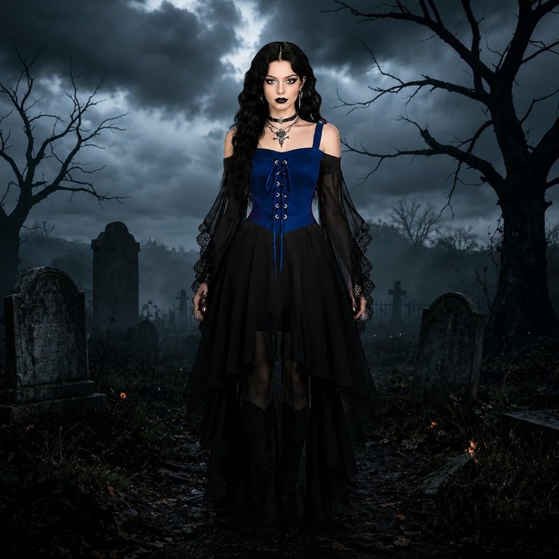 Blue Gothic Witch Dress with Butterfly Sleeves for Adults Halloween Costume - Large