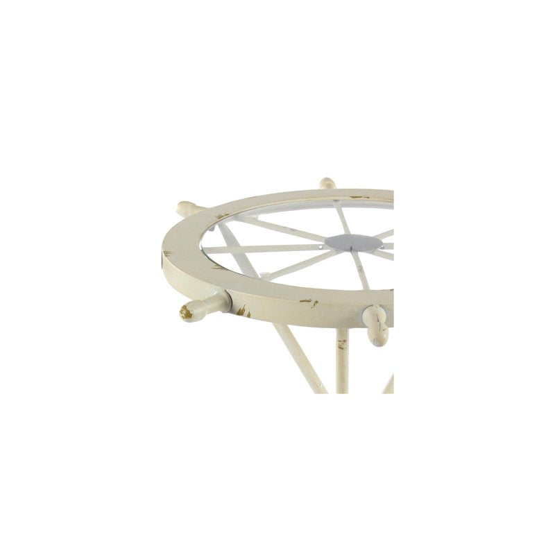 Nautical Style White Metal Top Ship Wheel Accent Table