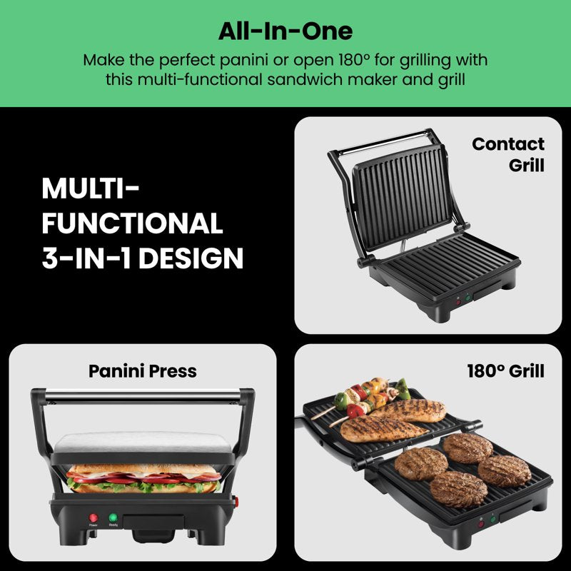 3-in-1 Panini Press and Electric Grill, Non-Stick Indoor Sandwich Maker