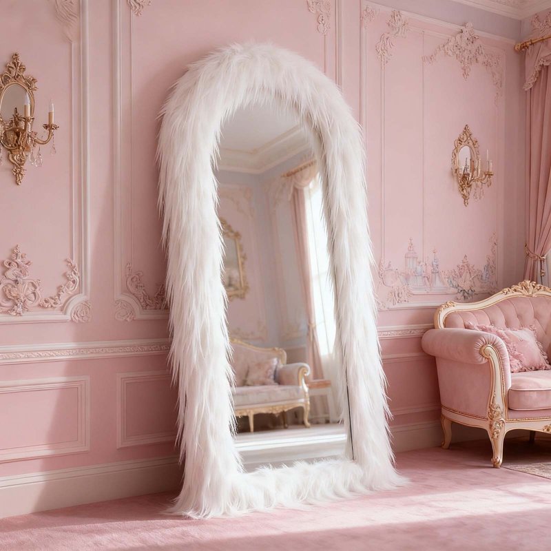 BEAUTYPEAK White Faux Fur Framed Full Length Mirror - Free Standing, 71x32 Inches