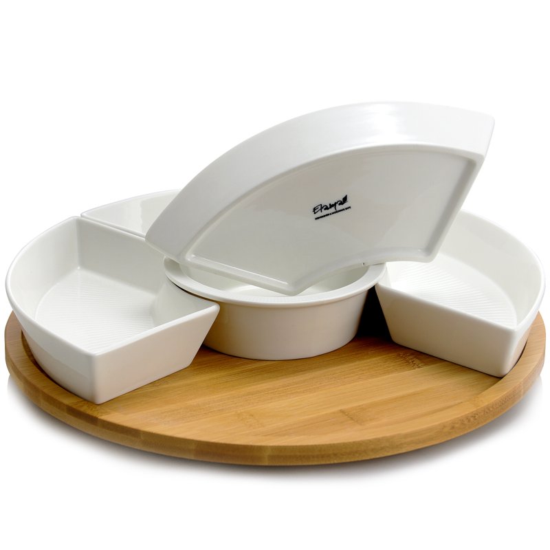 Ceramic Stoneware Condiment Appetizer Set with Bamboo Tray