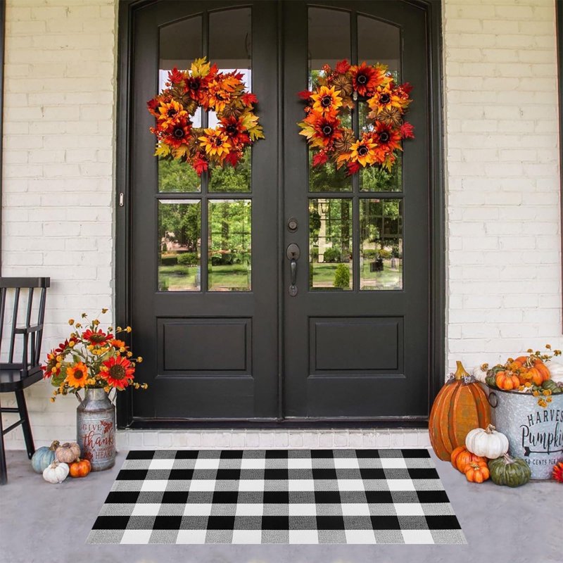 Outdoor Fall Rug - Extra Soft Woven Plaid Doormat for Front Door & Porch - Variation #5
