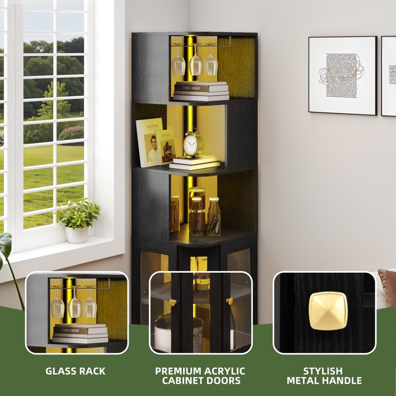 5 Tier Corner Bar Cabinet with LED Lights & Glass Holder - Black