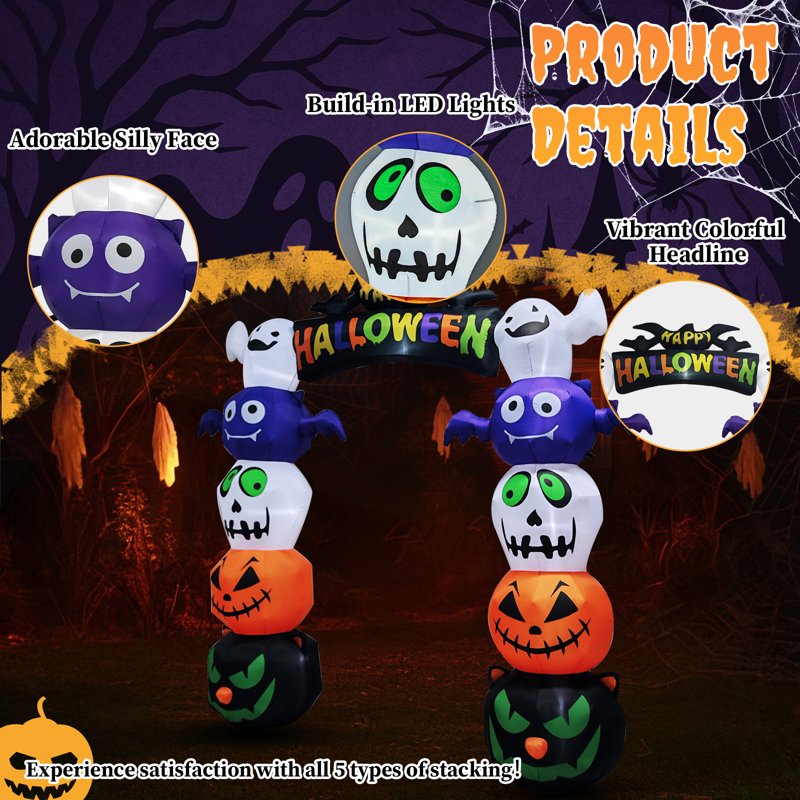 8.5FT Halloween Inflatable Arch with Ghost Pumpkins and Black Cats for Outdoor Decor