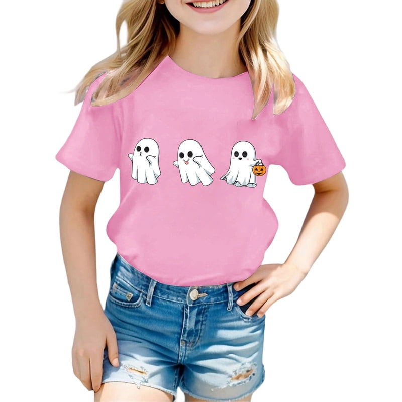 Kids Halloween T-Shirt Pink 8-9 Years Boys Girls Printed Short Sleeve Top