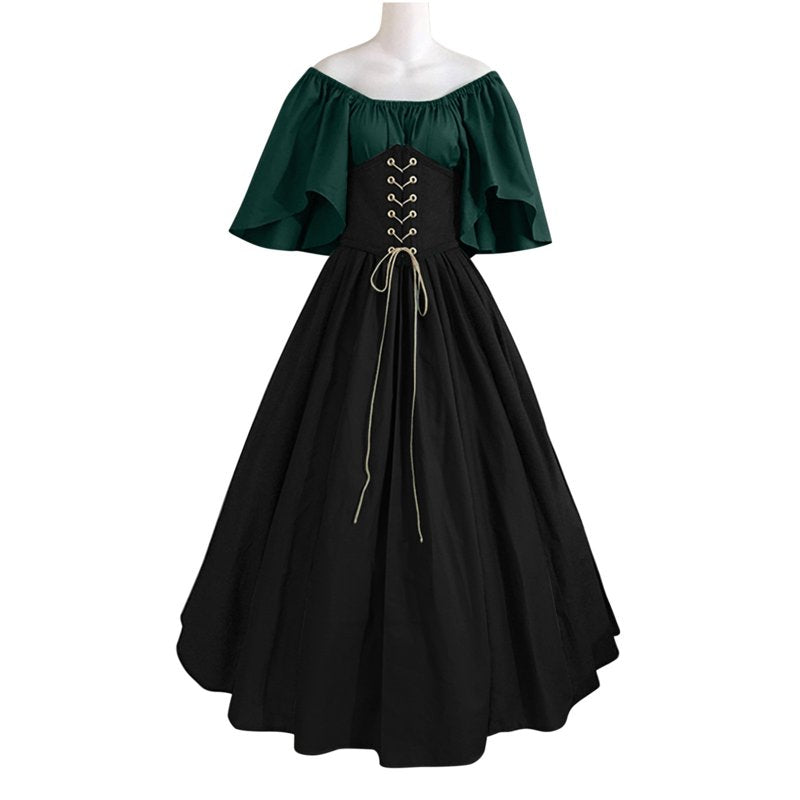 Black Plus Size Renaissance Costume Dress with Corset & Ruffle Overdress 5XL