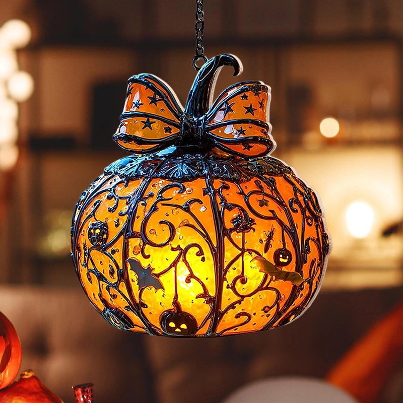 Halloween Stained Glass Hanging Pumpkin Ornament - Bat Star Design, Indoor Decor, Variation #01