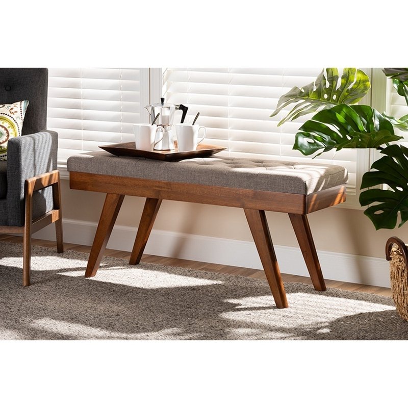 Mid-Century Modern Upholstered Dining Bench - Light Grey & Oak