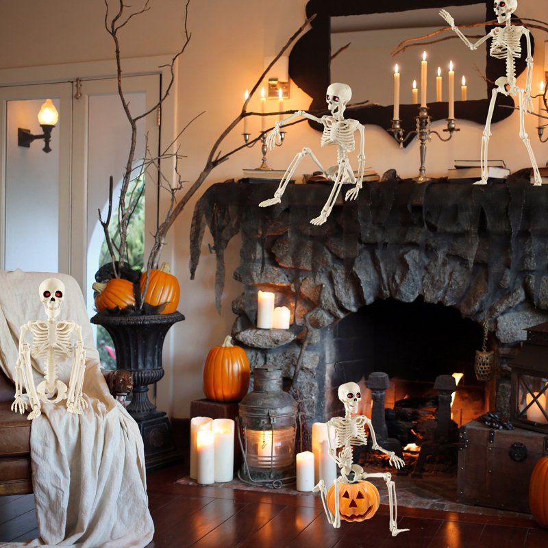 Posable Plastic Skeleton Decorations - 4 Pack, 16 Inch Halloween Props for Haunted Houses & Yard Decor
