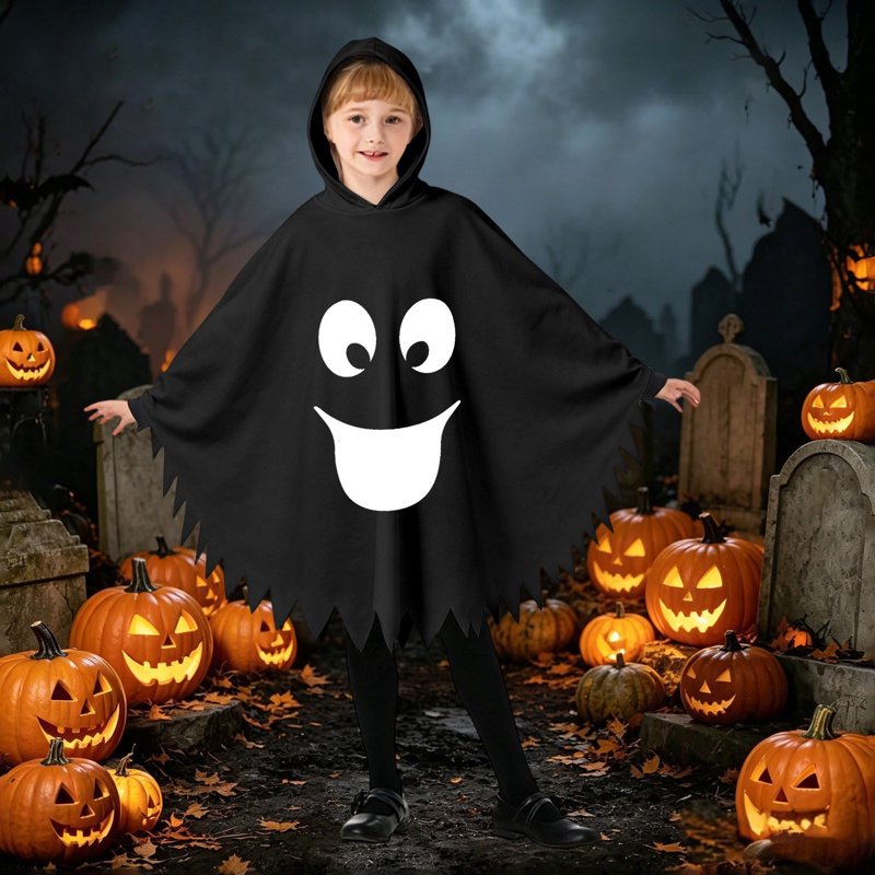 Kids Ghostface Halloween Costume Cape - Unisex Hooded Dress Up Outfit for Ages 4-6, Black Fancy Dress