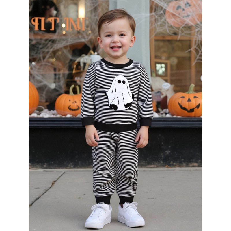 Baby Boy Halloween Outfit Ghost Embroidery Striped Sweatshirt & Pants Set - 6-12 Months
