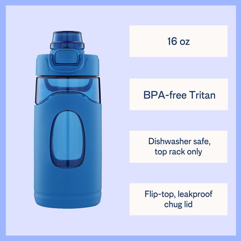 16 oz Blue Tritan Water Bottle with Silicone Grip and Flip-Top Lid