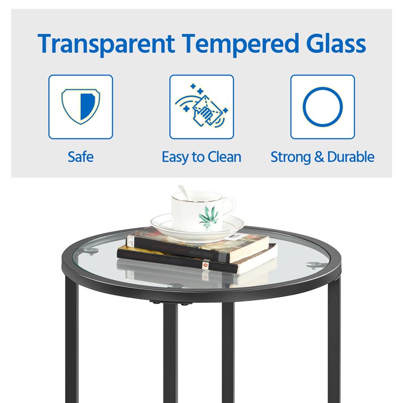 Round Metal End Tables with Glass Top - Set of 2, Black