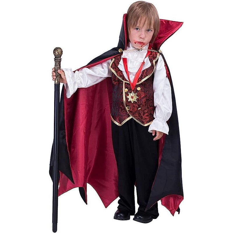 Kids Vampire Costume Gothic Halloween Dress Up - Black & Red, 5-7 Years