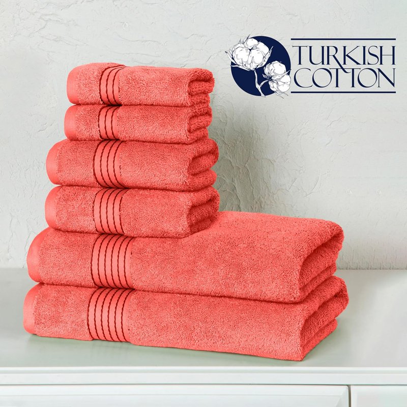 Luxury Turkish Cotton Towel Set Coral - 6-Piece Bath & Hand Towels, Washcloths