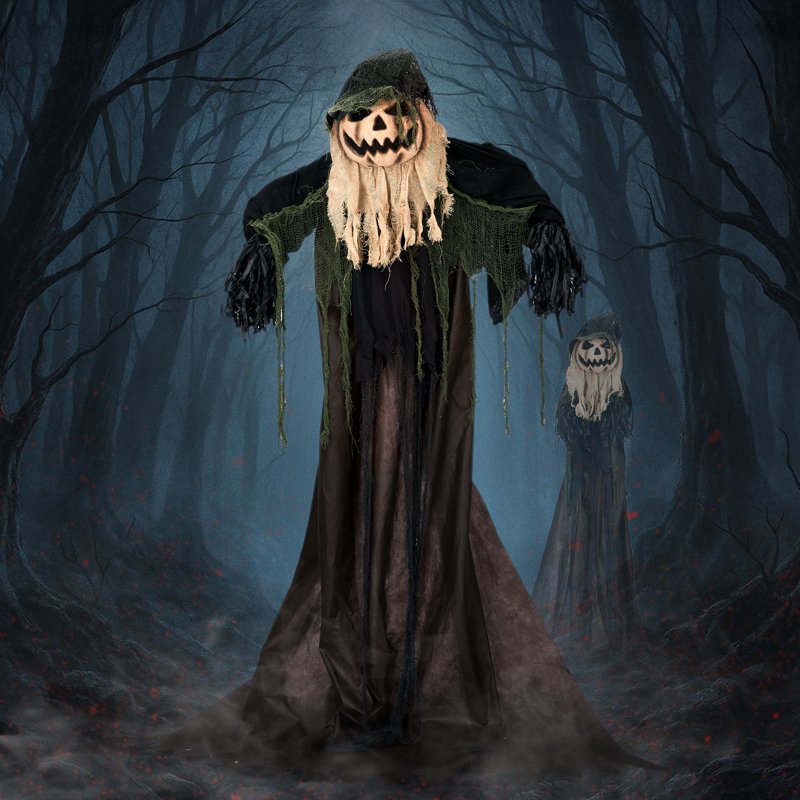 Halloween Crooked Pumpkin Man Animatronic Decoration - Life-Size Creepy Stand - Variation: Pumpkin Man with Crooked Head