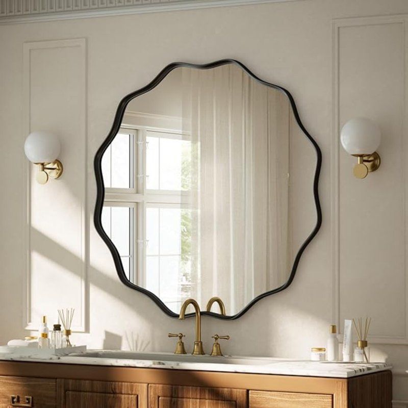 24-Inch Wavy Round Bathroom Mirror Wall Mounted Vanity Mirror Black - AUROMIR