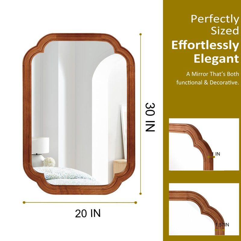 Wall Mirror 20x30 Inches Rounded Corner Solid Wood Frame Yellowish - Decorative Vanity